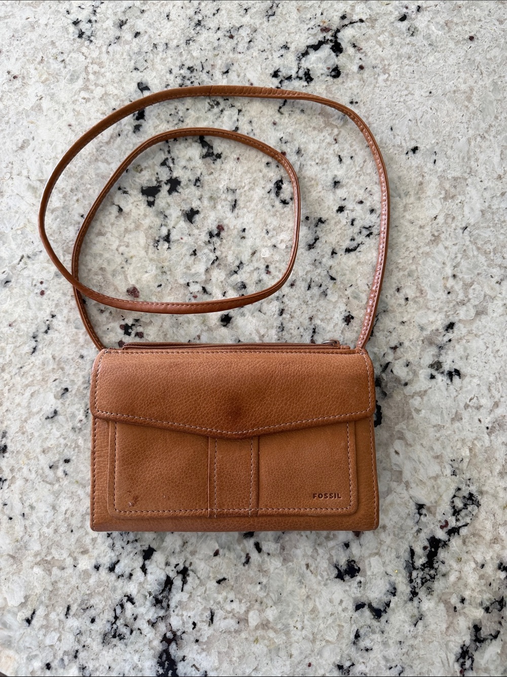 Fossil Cognac Leather Crossbody Wallet Purse With Strap